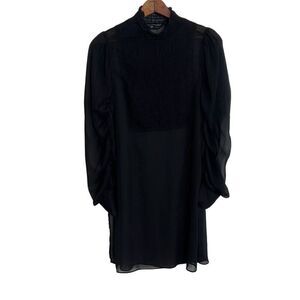 Zara Basic Chiffon Ruched Mock Neck Long Sleeve Mini Dress Black XS